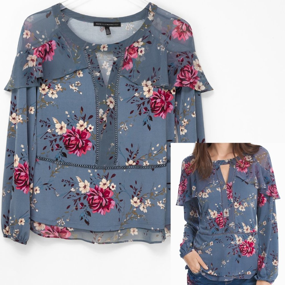 White House Black Market Blouse Tiered Sleeve Top Floral Shirt Blue Pink Size XS